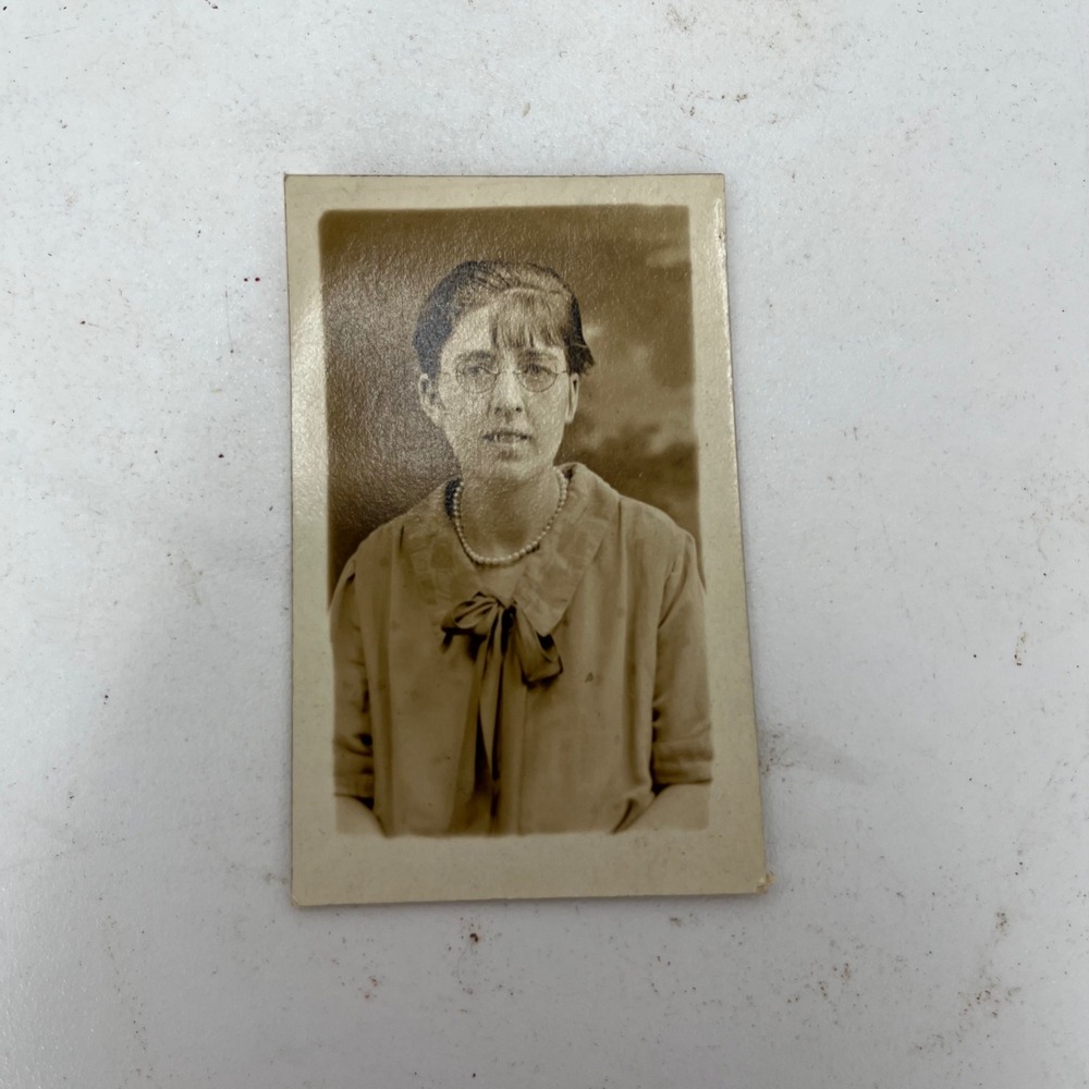 Vintage 1920s 1930s RPPC Woman Round Eyeglasses Portrait Real Photo Postcard